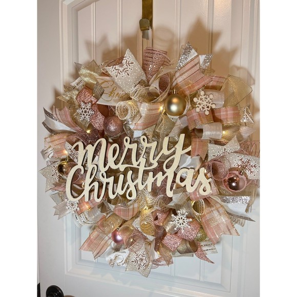 Christmas Snowflake Holiday Ribbon Door Wreath Handmade 22 ins LED W43 Gold - Picture 3 of 12